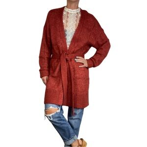 Women's Brick Red Open Front | Mid Length | Long Cardigan Sweater w/ Belt | Sm